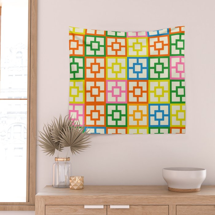 Mid Century Modern Colorful Geometric Breeze Block Pattern Wall Tapestry Gallery Image 2