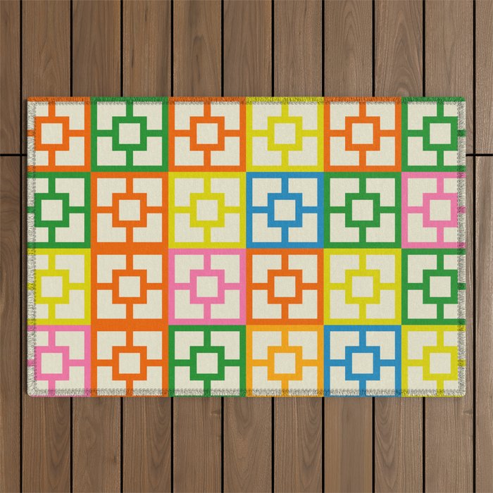 Mid Century Modern Colorful Geometric Breeze Block Pattern Outdoor Rug Gallery Image 1