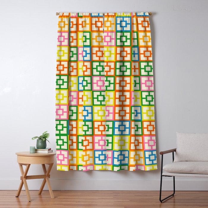 Mid Century Modern Colorful Geometric Breeze Block Pattern Window Curtain Gallery Image 1