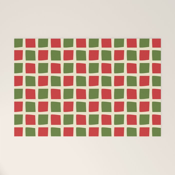 Christmas Windows Mid Century Modern Checkered Red Green Cream Retro Holiday Pattern Welcome Mat Gallery Image 1