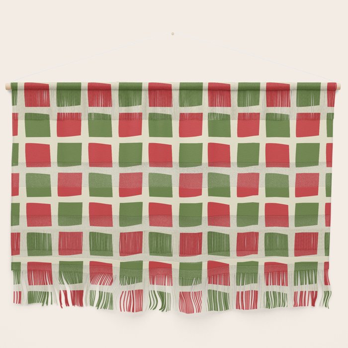 Christmas Windows Mid Century Modern Checkered Red Green Cream Retro Holiday Pattern Wall Hanging Gallery Image 1