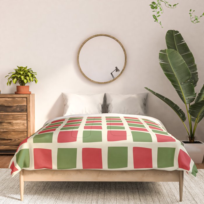 Christmas Windows Mid Century Modern Checkered Red Green Cream Retro Holiday Pattern Comforter Gallery Image 3