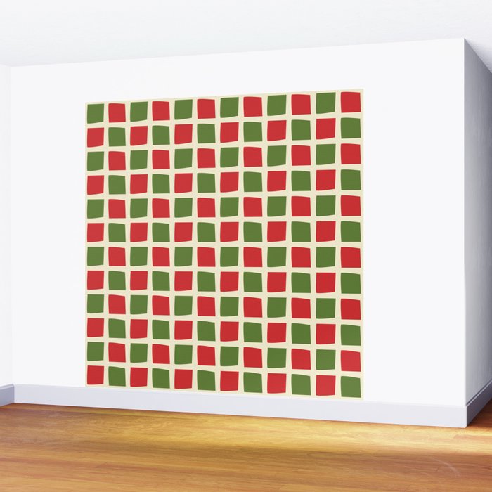 Christmas Windows Mid Century Modern Checkered Red Green Cream Retro Holiday Pattern Wall Mural Gallery Image 2