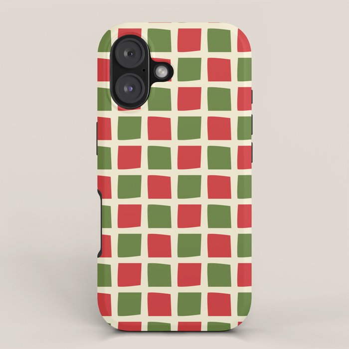 Christmas Windows Mid Century Modern Checkered Red Green Cream Retro Holiday Pattern iPhone Case Gallery Image 1
