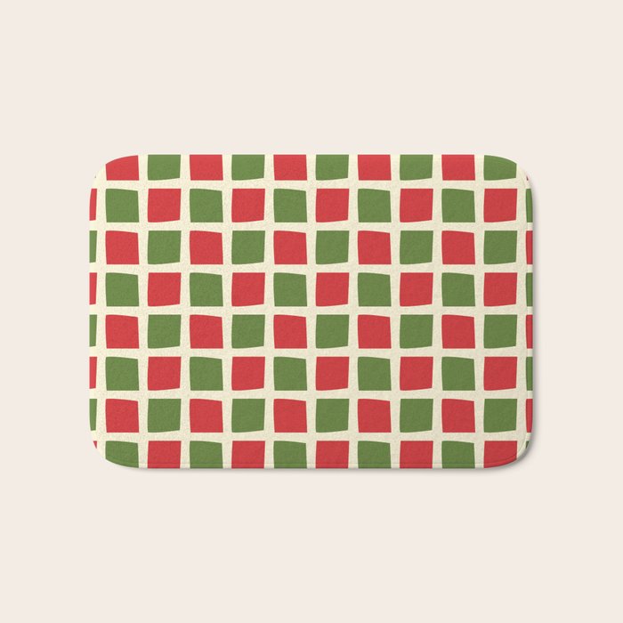 Christmas Windows Mid Century Modern Checkered Red Green Cream Retro Holiday Pattern Bath Mat Gallery Image 1