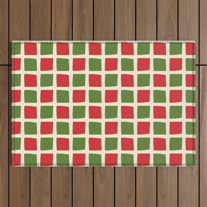 Christmas Windows Mid Century Modern Checkered Red Green Cream Retro Holiday Pattern Outdoor Rug Gallery Image 1