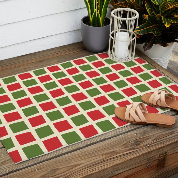 Christmas Windows Mid Century Modern Checkered Red Green Cream Retro Holiday Pattern Outdoor Rug Gallery Image 2