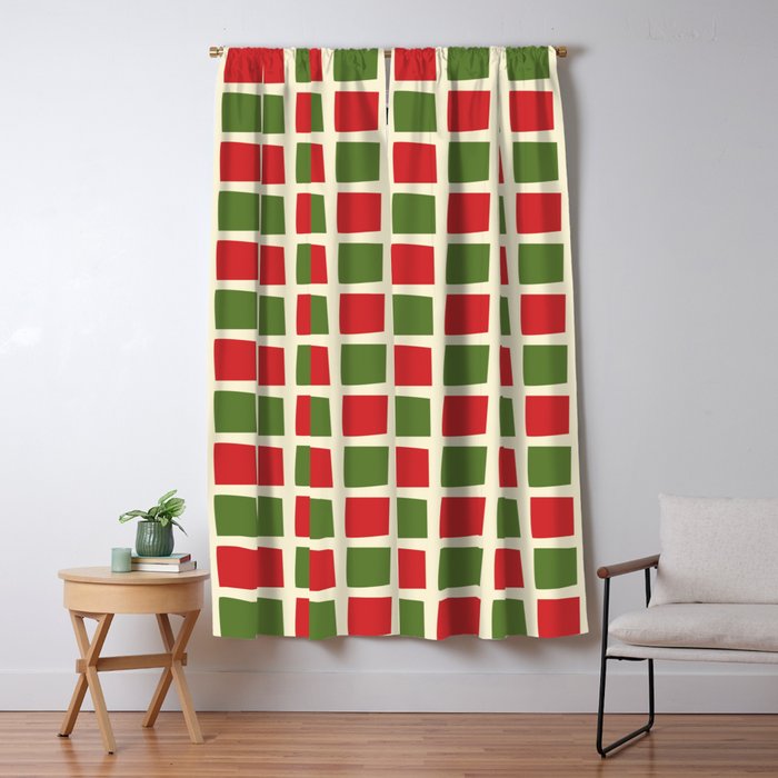 Christmas Windows Mid Century Modern Checkered Red Green Cream Retro Holiday Pattern Window Curtain Gallery Image 1