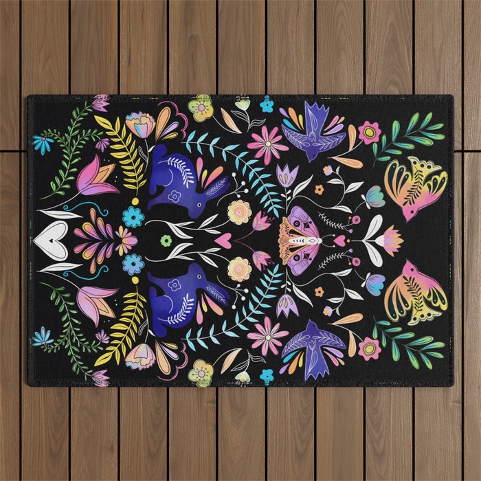 Folk Art Florals black in colors Outdoor Rug Gallery Image 1