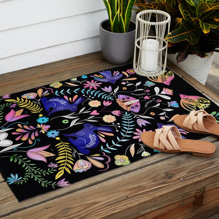 Folk Art Florals black in colors Outdoor Rug Gallery Image 2