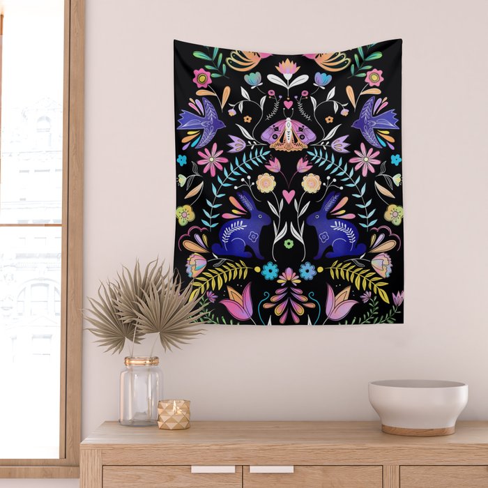 Folk Art Florals black in colors Wall Tapestry Gallery Image 2