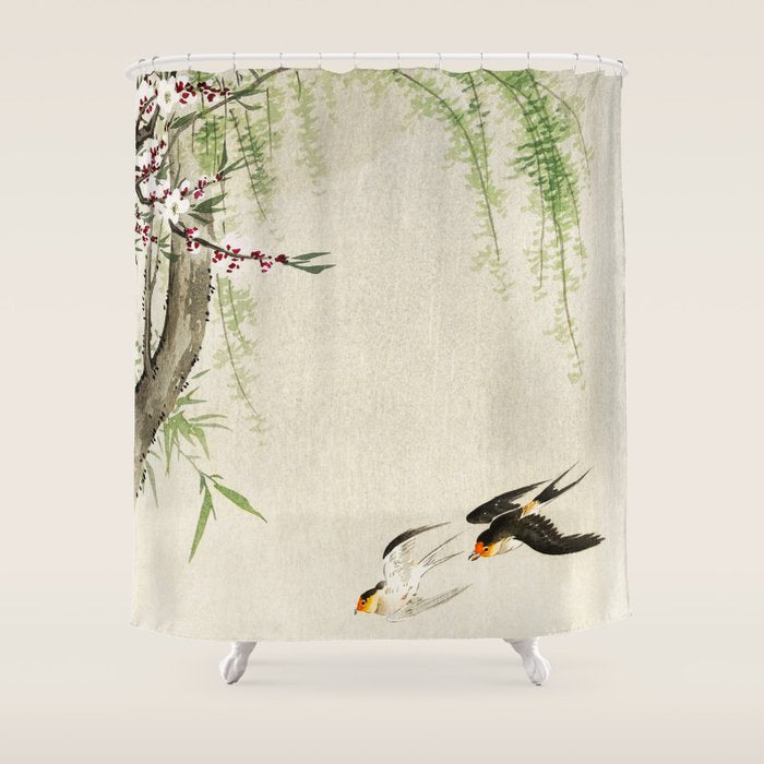 Swallows mid flight - Vintage Japanese Woodblock Print Art Shower Curtain Gallery Image 1