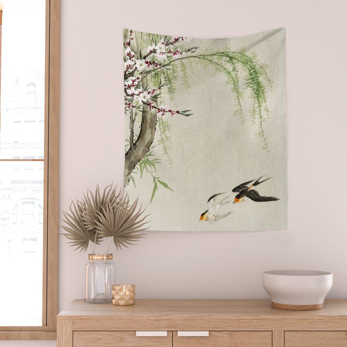 Swallows mid flight - Vintage Japanese Woodblock Print Art Wall Tapestry Gallery Image 2