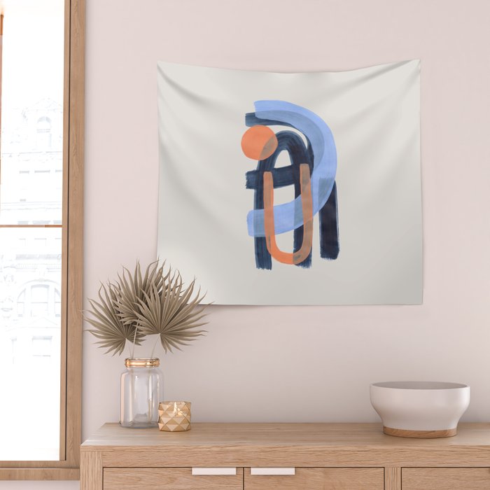 Midcentury Modern Minimalist Funky Cool Tribal Pattern Paynes Grey Pastel Blue Tan Shapes by Ejaaz Haniff Wall Tapestry Gallery Image 2