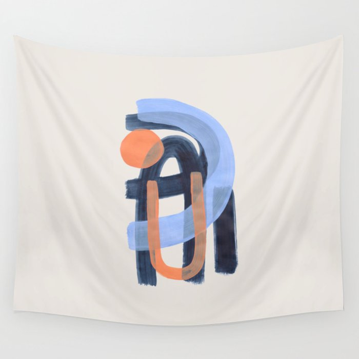 Midcentury Modern Minimalist Funky Cool Tribal Pattern Paynes Grey Pastel Blue Tan Shapes by Ejaaz Haniff Wall Tapestry Gallery Image 1