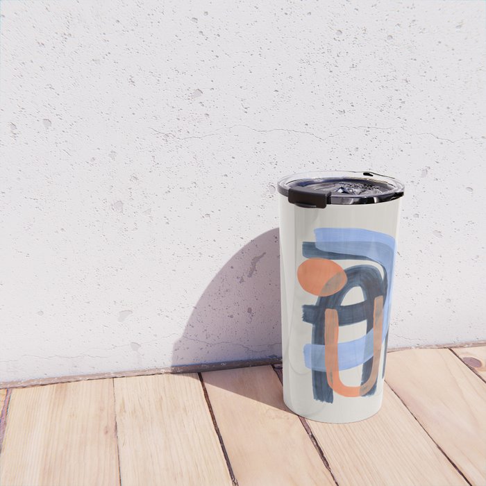 Midcentury Modern Minimalist Funky Cool Tribal Pattern Paynes Grey Pastel Blue Tan Shapes by Ejaaz Haniff Travel Mug Gallery Image 4