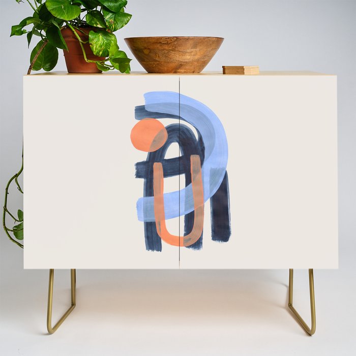Midcentury Modern Minimalist Funky Cool Tribal Pattern Paynes Grey Pastel Blue Tan Shapes by Ejaaz Haniff Credenza Gallery Image 1