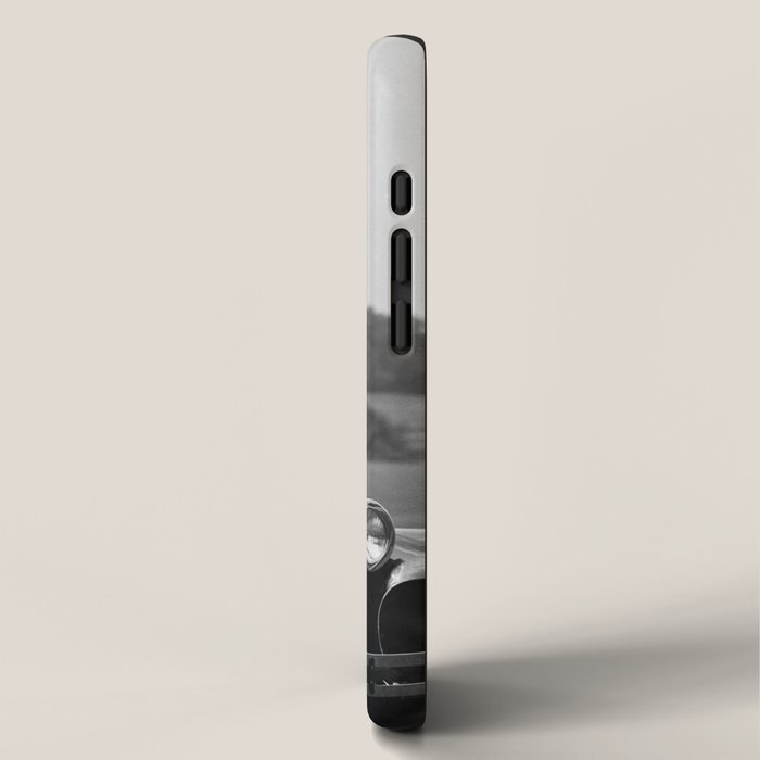 Pro golfer hitting golf ball off vintage car hood ornament on a dare par one 18th hole funny black and white golf sport photograph - photography - photographs iPhone Case Gallery Image 2