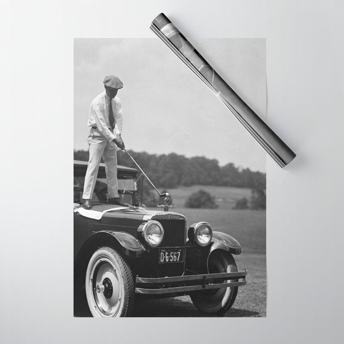Pro golfer hitting golf ball off vintage car hood ornament on a dare par one 18th hole funny black and white golf sport photograph - photography - photographs Wrapping Paper Gallery Image 1
