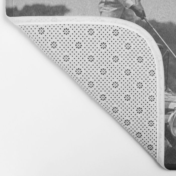 Pro golfer hitting golf ball off vintage car hood ornament on a dare par one 18th hole funny black and white golf sport photograph - photography - photographs Bath Mat Gallery Image 2
