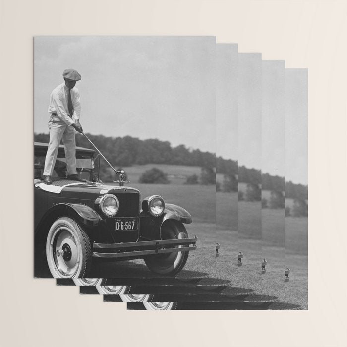 Pro golfer hitting golf ball off vintage car hood ornament on a dare par one 18th hole funny black and white golf sport photograph - photography - photographs Wrapping Paper Gallery Image 3