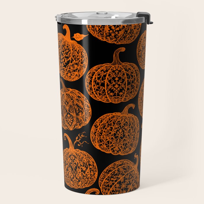 Lace Pumpkin Halloween Pattern Needle Bobbin Crochet Thread Travel Mug Gallery Image 2