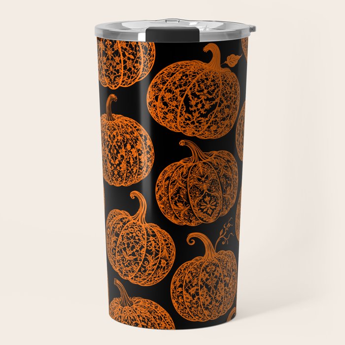 Lace Pumpkin Halloween Pattern Needle Bobbin Crochet Thread Travel Mug Gallery Image 1