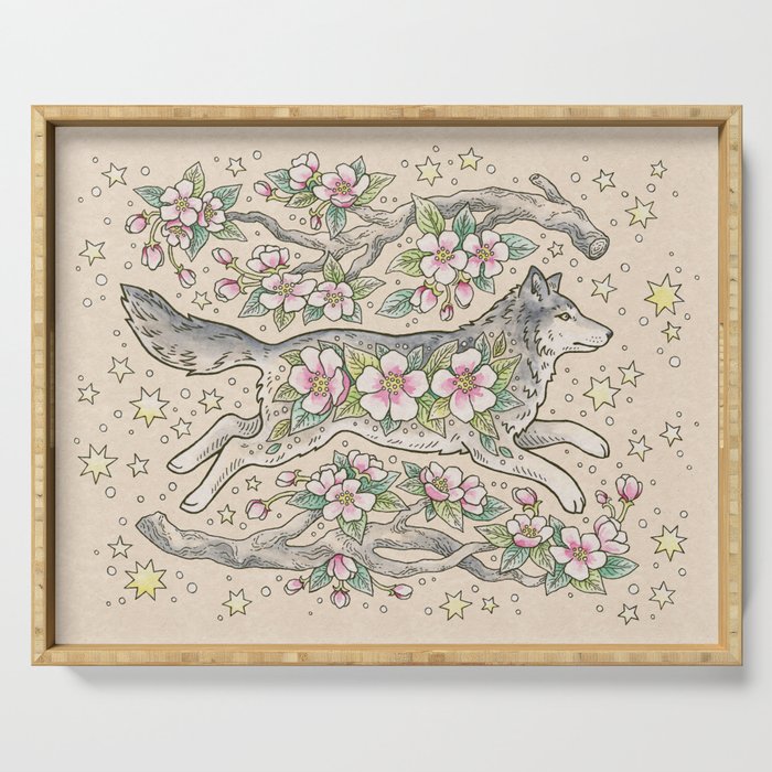 Wolf & Wild Apple Blossoms | Botanical Animal Art Serving Tray Gallery Image 1