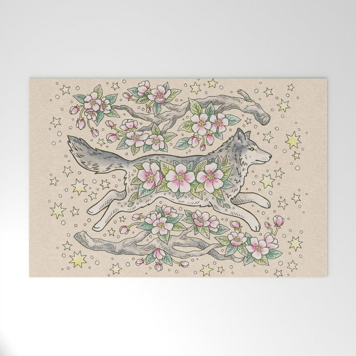 Wolf & Wild Apple Blossoms | Botanical Animal Art Welcome Mat Gallery Image 1