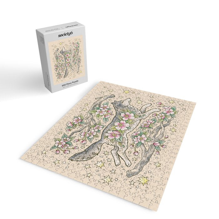 Wolf & Wild Apple Blossoms | Botanical Animal Art Jigsaw Puzzle Gallery Image 2