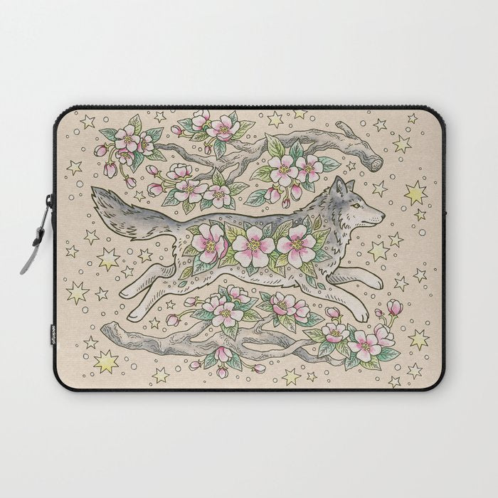 Wolf & Wild Apple Blossoms | Botanical Animal Art Laptop Sleeve Gallery Image 1
