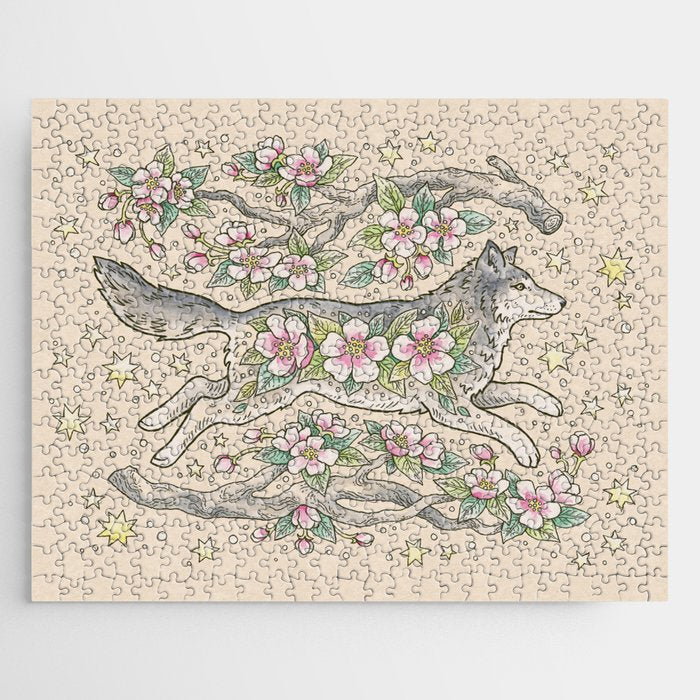 Wolf & Wild Apple Blossoms | Botanical Animal Art Jigsaw Puzzle Gallery Image 1