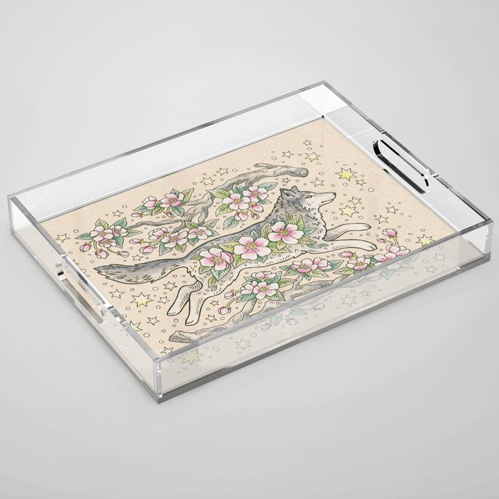 Wolf & Wild Apple Blossoms | Botanical Animal Art Acrylic Tray Gallery Image 1