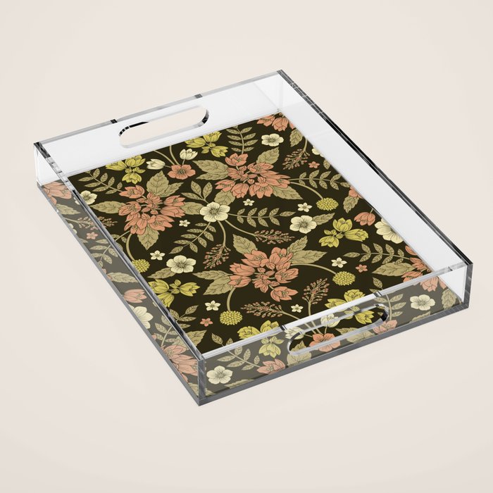 Sage, Dark Green, Peach & Cream Floral Pattern Acrylic Tray Gallery Image 1