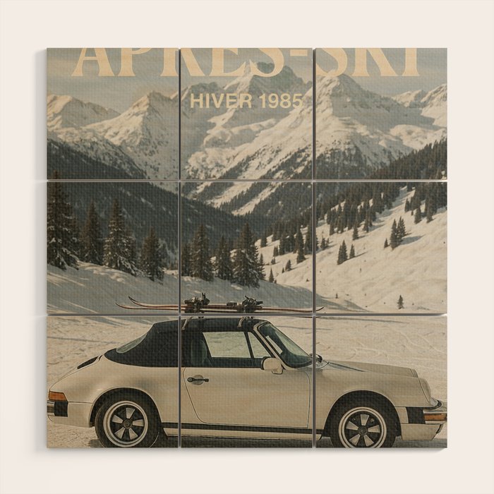 Vintage Apres Ski Alpine Mountains Classic Car  Wood Wall Art Gallery Image 1