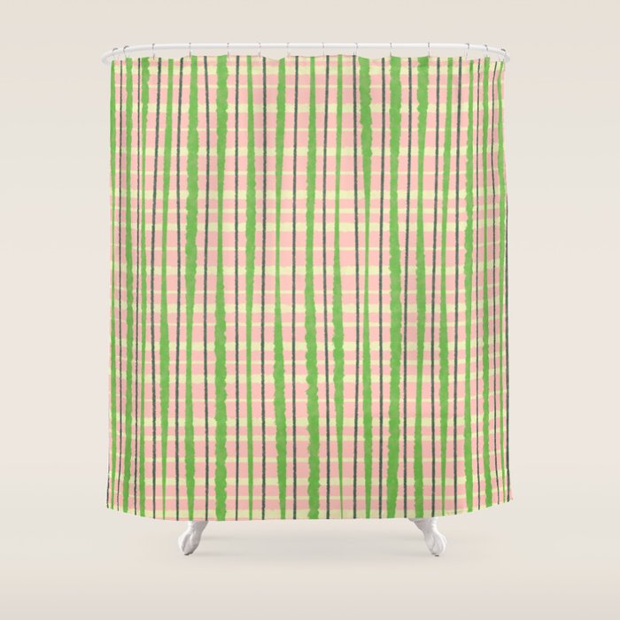 Retro Picnic Plaid Pattern in Light Green and Pink Shower Curtain Gallery Image 1