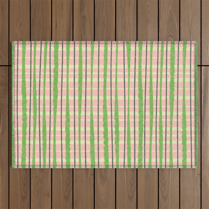 Retro Picnic Plaid Pattern in Light Green and Pink Outdoor Rug Gallery Image 1