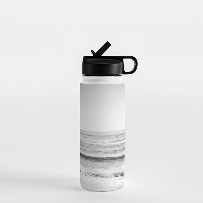 Black and White Ocean Photography, Grey Neutral Seascape Photo, Gray Sea Waves Coastal Picture Water Bottle Gallery Image 1