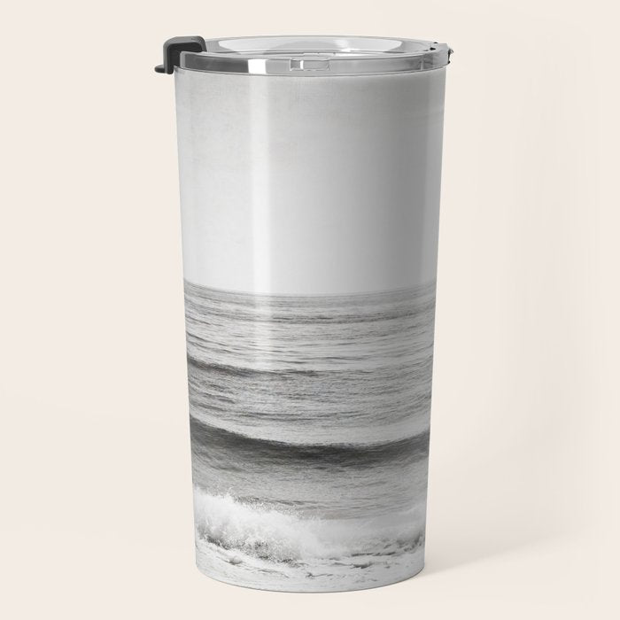Black and White Ocean Photography, Grey Neutral Seascape Photo, Gray Sea Waves Coastal Picture Travel Mug Gallery Image 3