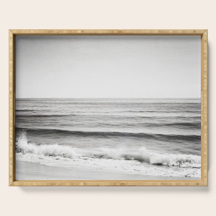 Black and White Ocean Photography, Grey Neutral Seascape Photo, Gray Sea Waves Coastal Picture Serving Tray Gallery Image 1