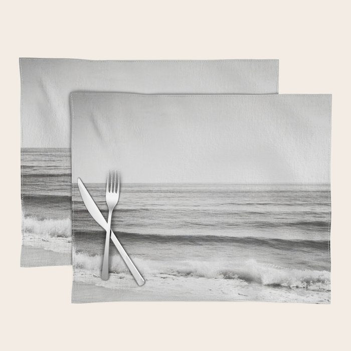 Black and White Ocean Photography, Grey Neutral Seascape Photo, Gray Sea Waves Coastal Picture Placemat Gallery Image 1