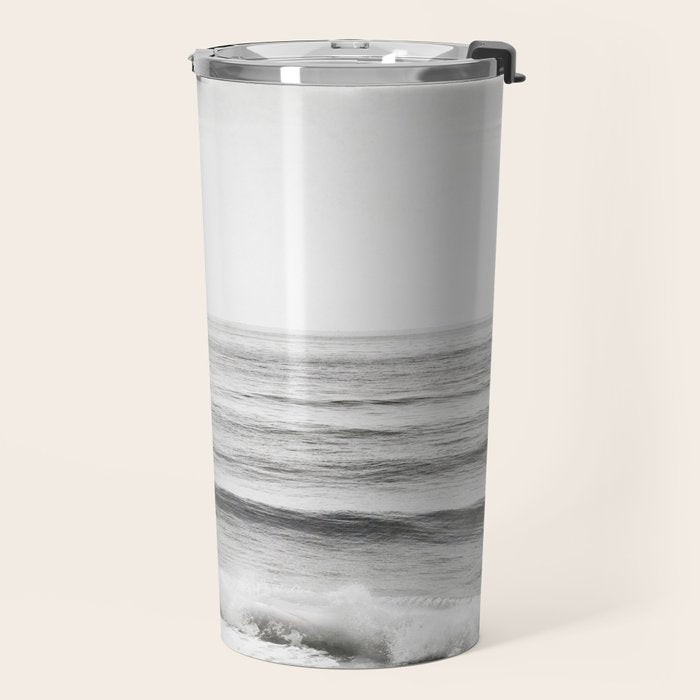 Black and White Ocean Photography, Grey Neutral Seascape Photo, Gray Sea Waves Coastal Picture Travel Mug Gallery Image 2