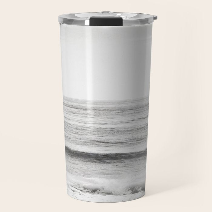 Black and White Ocean Photography, Grey Neutral Seascape Photo, Gray Sea Waves Coastal Picture Travel Mug Gallery Image 1