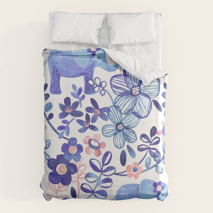 Pale Coral, White and Purple Elephant and Floral Watercolor Pattern Duvet Cover Gallery Image 6