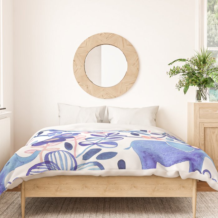 Pale Coral, White and Purple Elephant and Floral Watercolor Pattern Duvet Cover Gallery Image 3