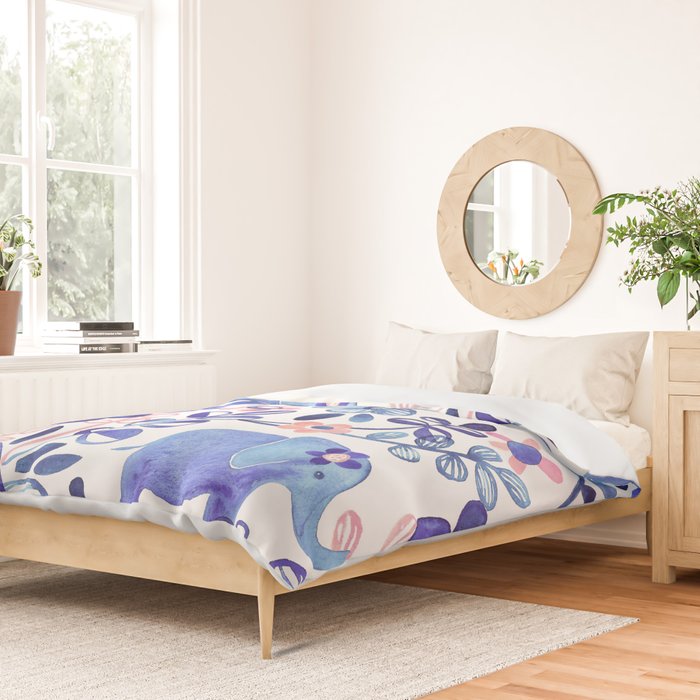 Pale Coral, White and Purple Elephant and Floral Watercolor Pattern Duvet Cover Gallery Image 2