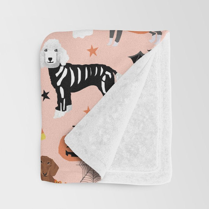 Dogs halloween costumes cute pumpkin ghost skeleton witch trick or treat Throw Blanket Gallery Image 3