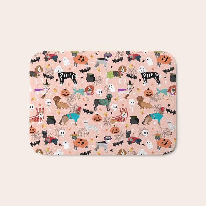 Dogs halloween costumes cute pumpkin ghost skeleton witch trick or treat Bath Mat Gallery Image 1