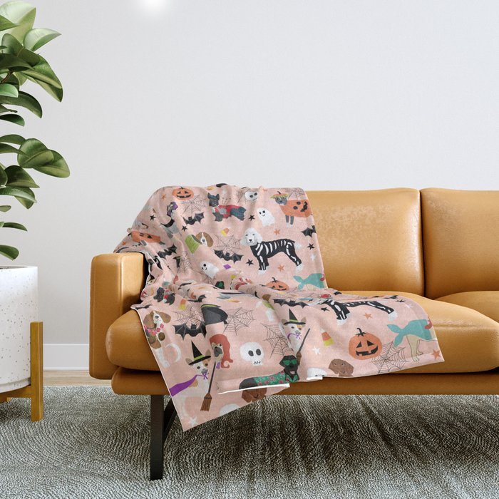 Dogs halloween costumes cute pumpkin ghost skeleton witch trick or treat Throw Blanket Gallery Image 1