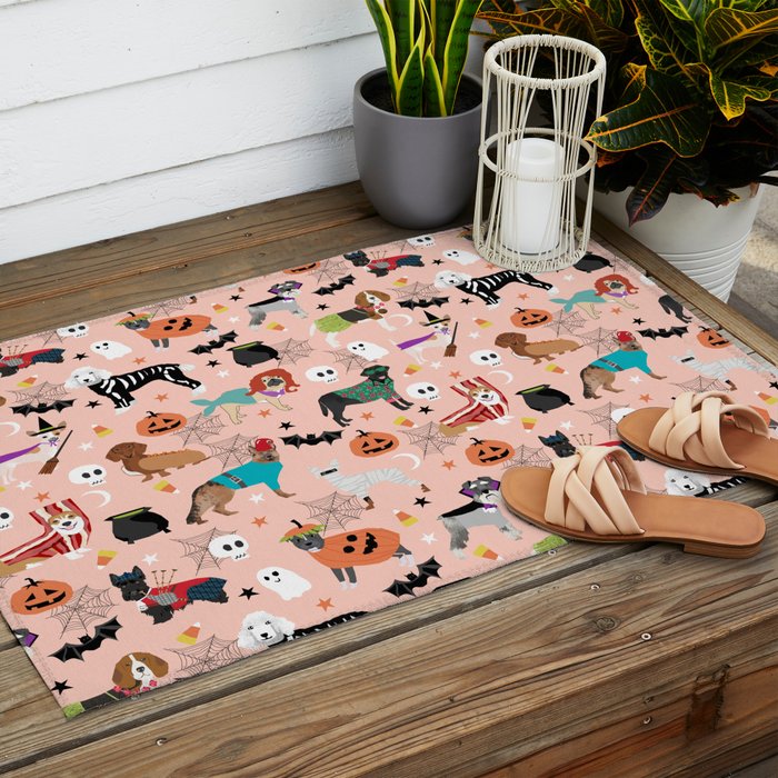 Dogs halloween costumes cute pumpkin ghost skeleton witch trick or treat Outdoor Rug Gallery Image 2